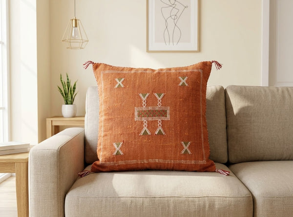 Handmade Moroccan Cushion – Sabra Cactus Silk Pillow – Fayrouz - Orange