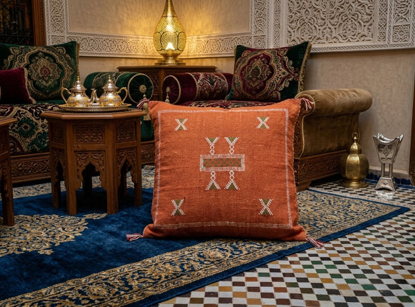 Handmade Moroccan Cushion – Sabra Cactus Silk Pillow – Fayrouz - Orange