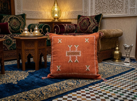 Handmade Moroccan Cushion – Sabra Cactus Silk Pillow – Fayrouz - Orange