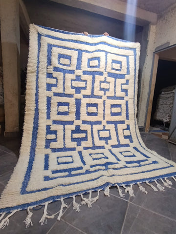 Handwoven Moroccan wool rug blue geometric — full view