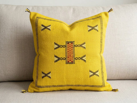 Handmade Moroccan Cushion – Sabra Cactus Silk Pillow – Fayrouz - Yellow