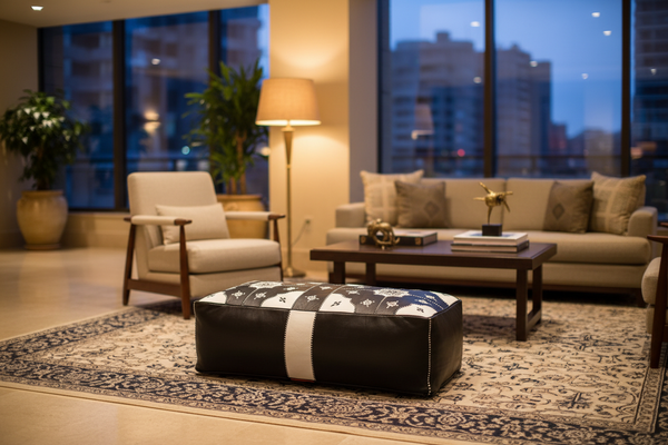 Black and white ottoman in lobby