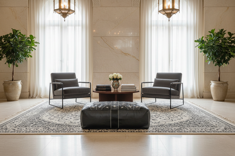 Black and white ottoman in lobby