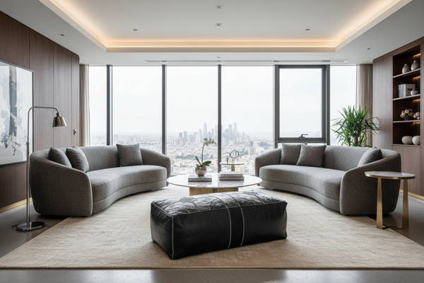 Black and white ottoman in luxurious modern living room