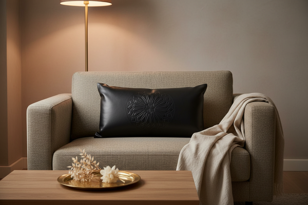 Black Embossed Leather Lumbar Pillow — Living Room Editorial