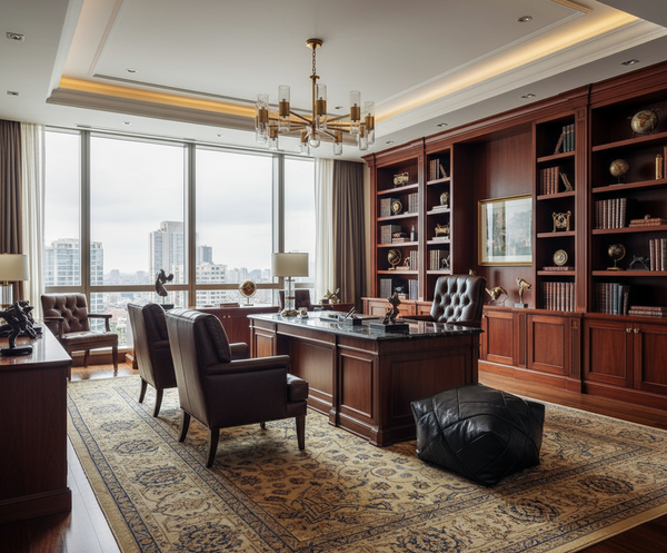 Black Leather Ottoman in Luxurious Office