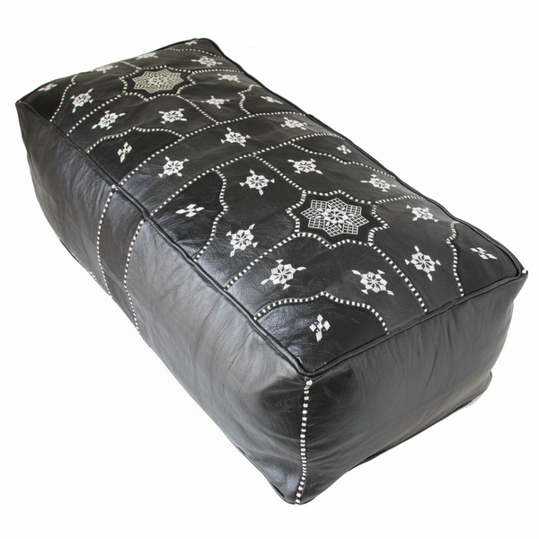 Moroccan Leather Pouf / Ottoman - Rectangular - Tile Design II - Black
