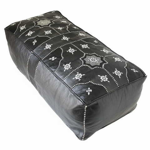 Moroccan Leather Pouf / Ottoman - Rectangular - Tile Design II - Black