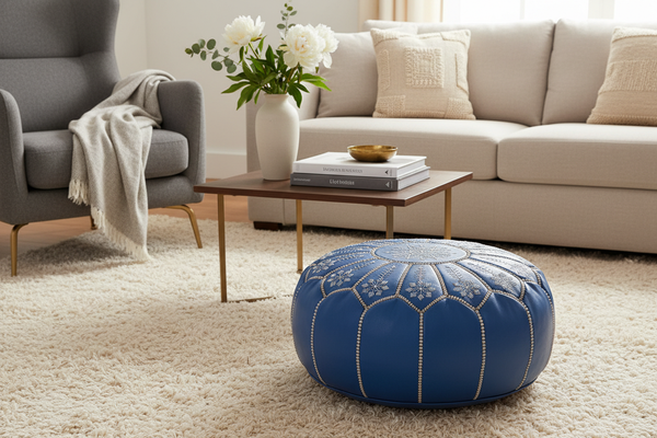 Blue Moroccan Leather Ottoman - Classy Decor Setting