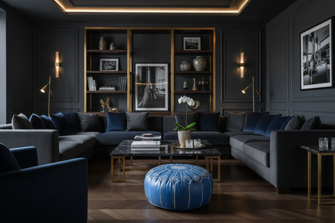 Blue Moroccan Leather Ottoman - Dark Luxurious Living Room