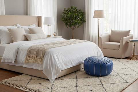 Blue Moroccan Leather Ottoman in Bedroom