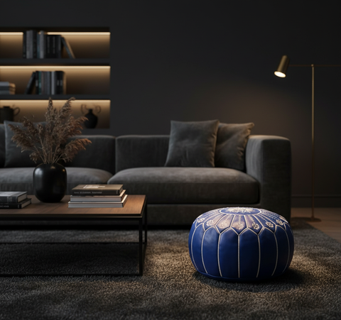 Blue Moroccan Pouf Dark Modern Interior