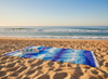 Blue Sky Moroccan Blanket at the beach - inverted stripes