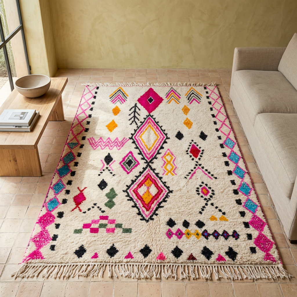 Abrid Azilal rug with fuchsia, orange and teal motifs on an ivory field in a bohemian interior with neutral upholstery and natural wood.