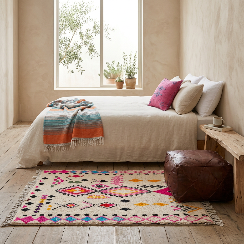 Bohemian bedroom composition with the Abrid Azilal rug, Safia blanket, Lalla Fatiha Pink cushion and Mosaic Brown leather ottoman.