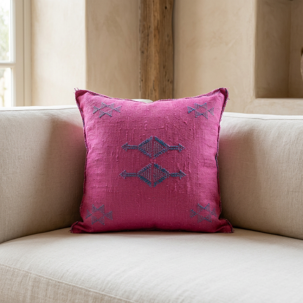 Lalla Fatiha Pink embroidered cushion shown with an insert on neutral upholstery in a bohemian interior.