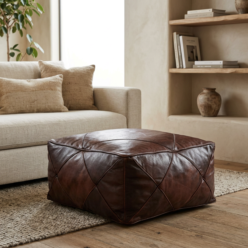 Brown Mosaic Lozenge leather ottoman shown filled beside neutral upholstery in a bohemian interior.
