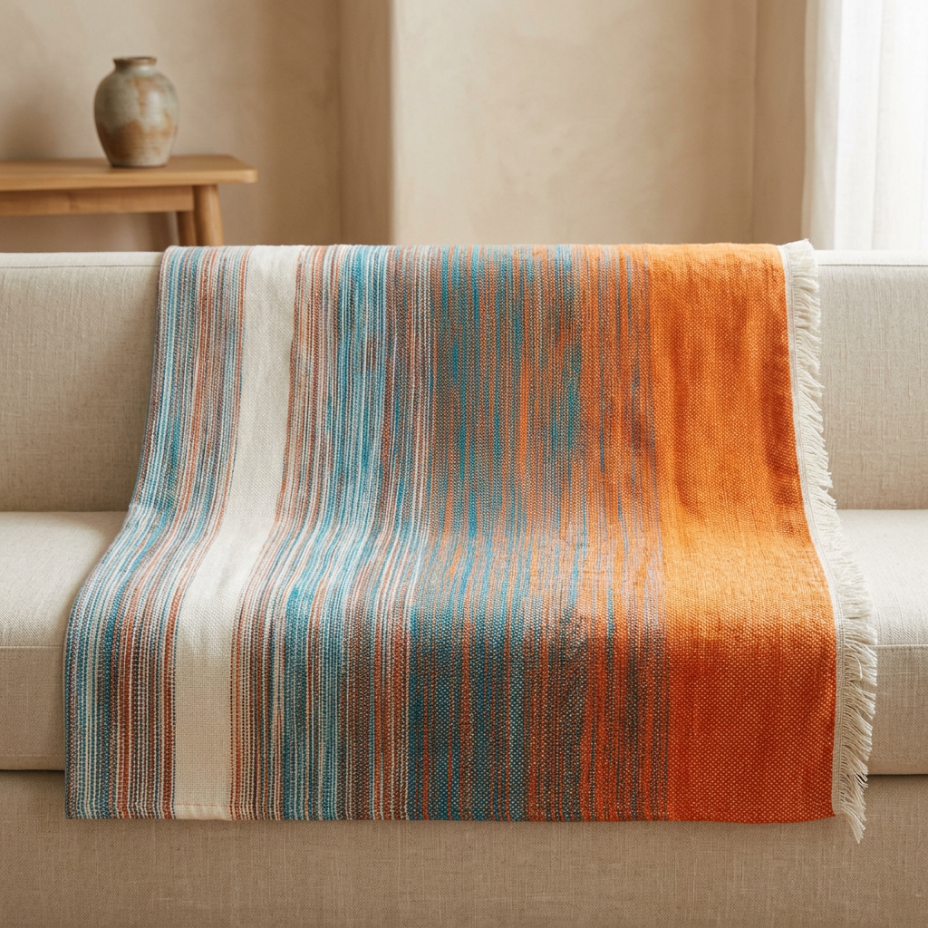 Safia Chefchaouen blanket in white, turquoise and orange styled on neutral upholstery in a bohemian interior.