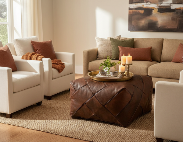 Brown Zigzag Leather Ottoman as Coffee Table
