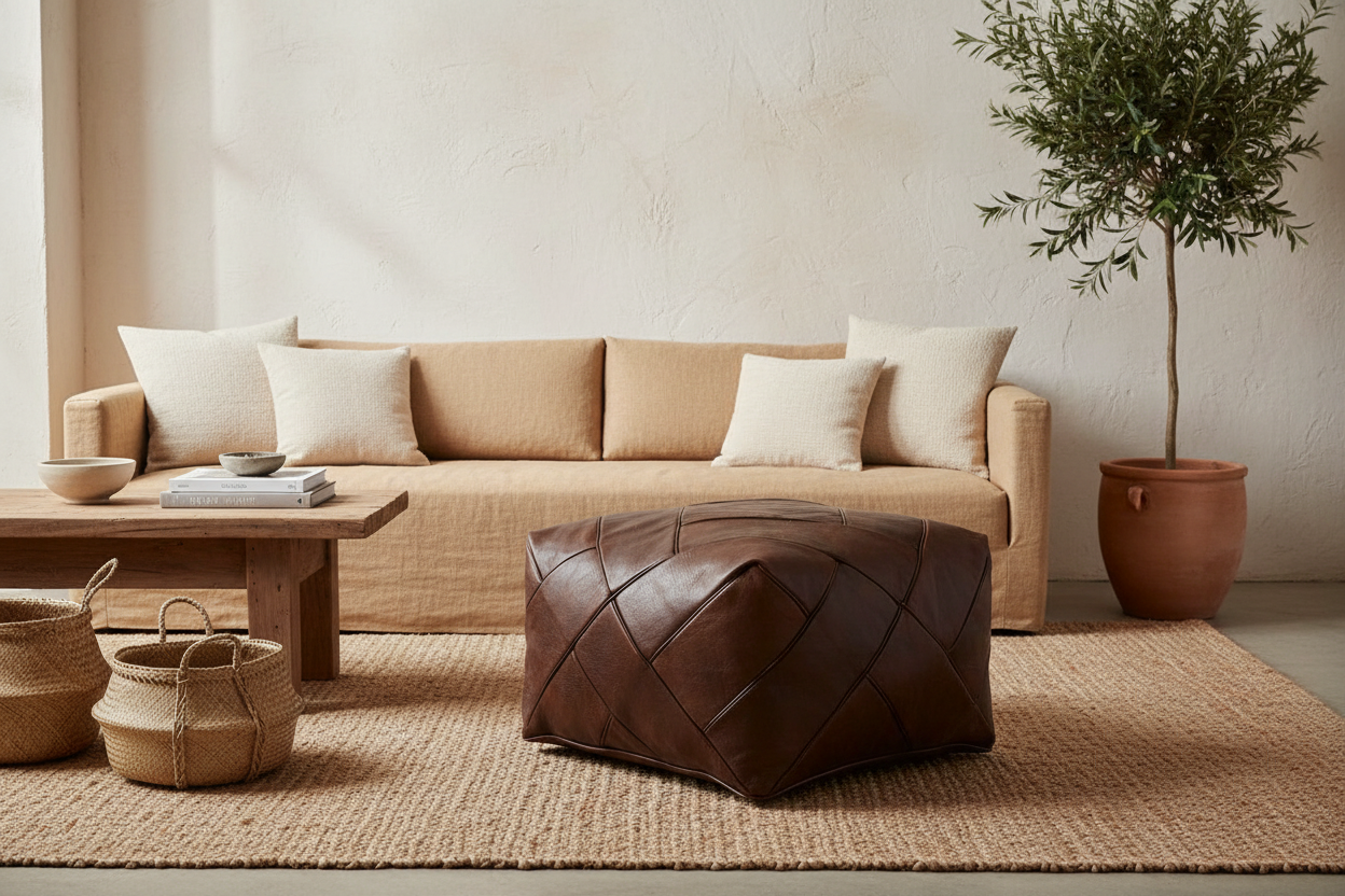 Moroccan Leather Ottoman - ZIGZAG Design - Brown