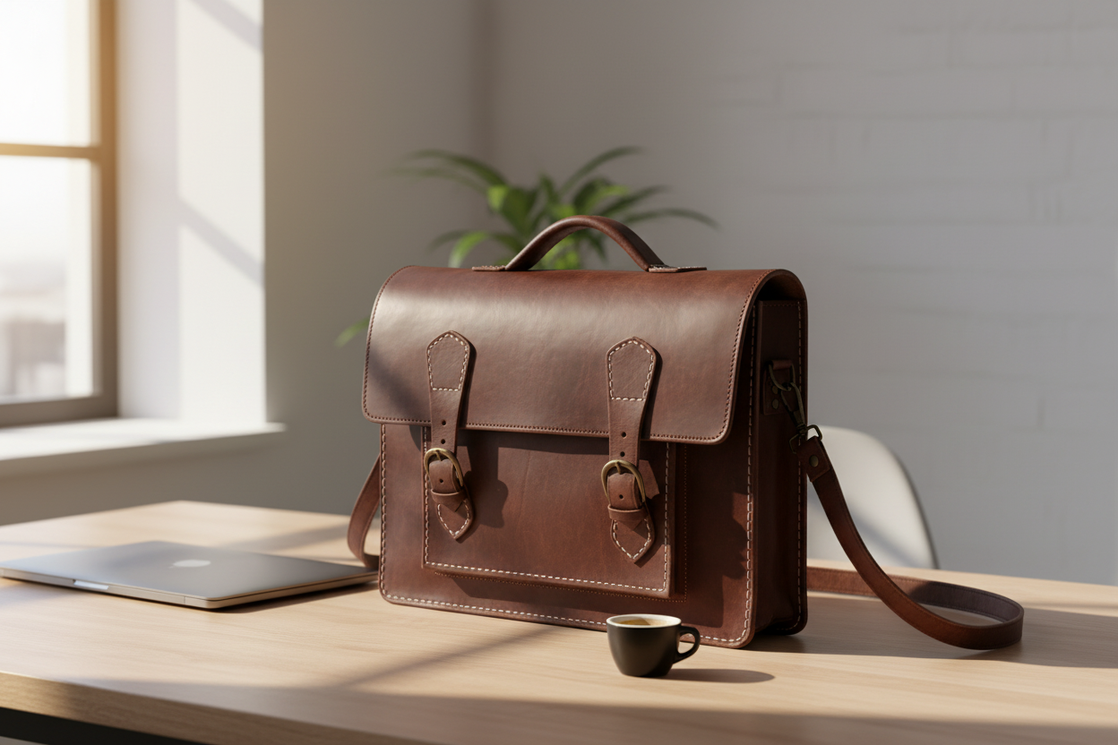 Leather Briefcase/Messenger Bag - Casablanca - Brown