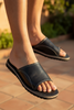 Close-up of black leather sandals