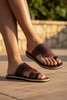 Close-up of brown leather sandals
