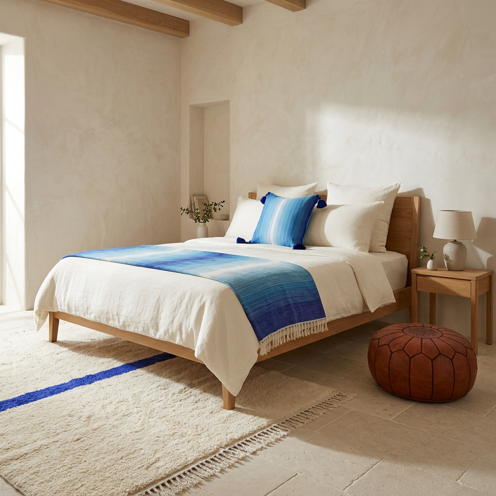 Mediterranean bedroom with ivory bedding, a blue-band Beni Ourain rug, Blue Sky blanket and pompom cushion, and a round Cognac leather pouf.