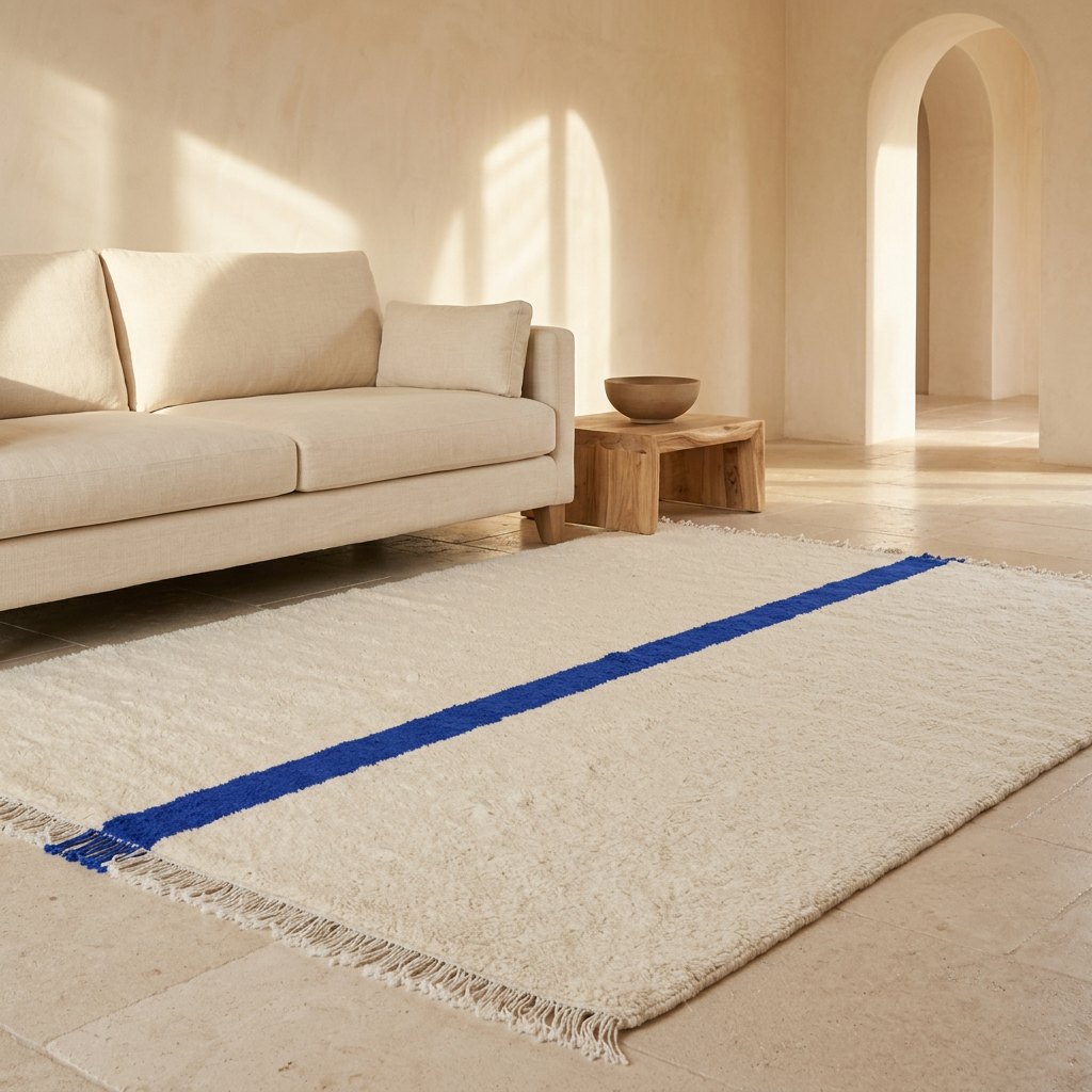 Cream Beni Ourain rug with a single blue band in a sunlit Mediterranean living room with an ivory sofa.