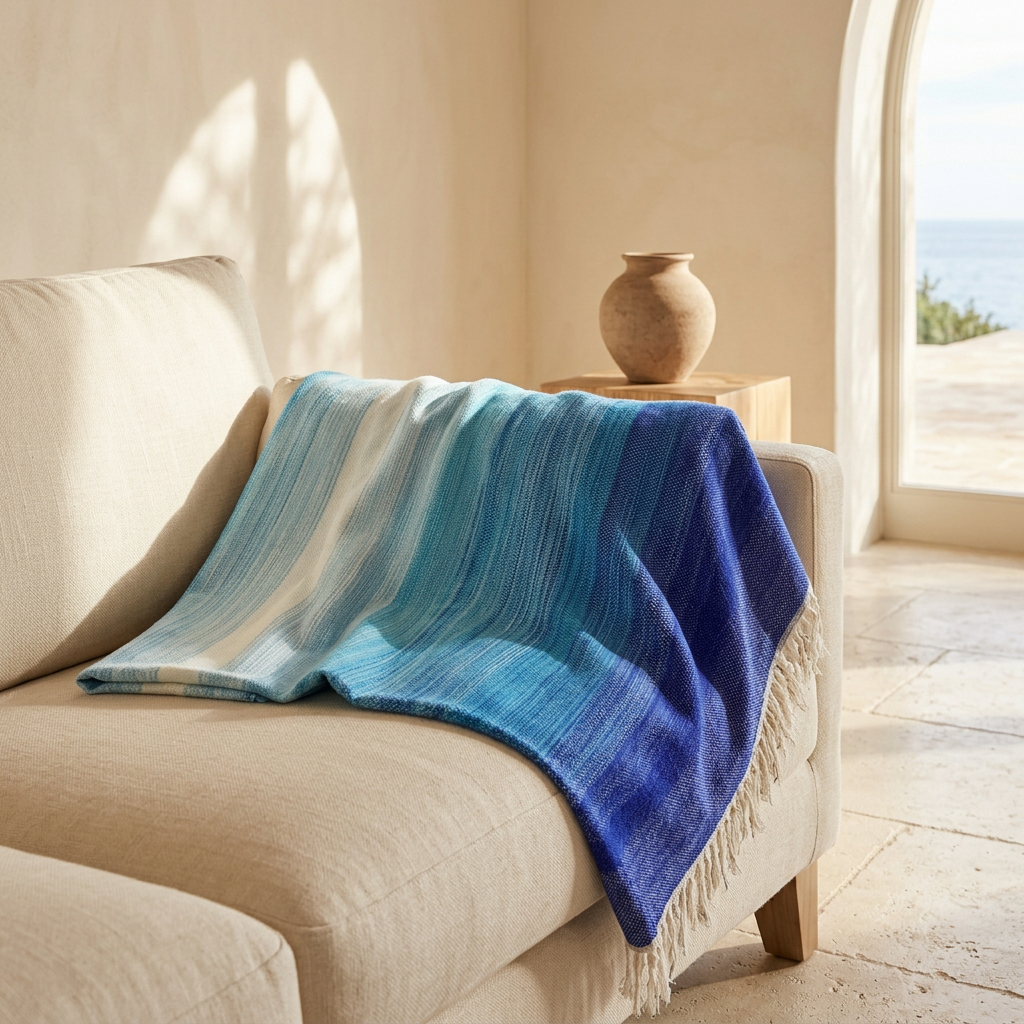 Blue Sky blanket with graduated blue woven bands and pale fringe draped over an ivory sofa in a Mediterranean interior.