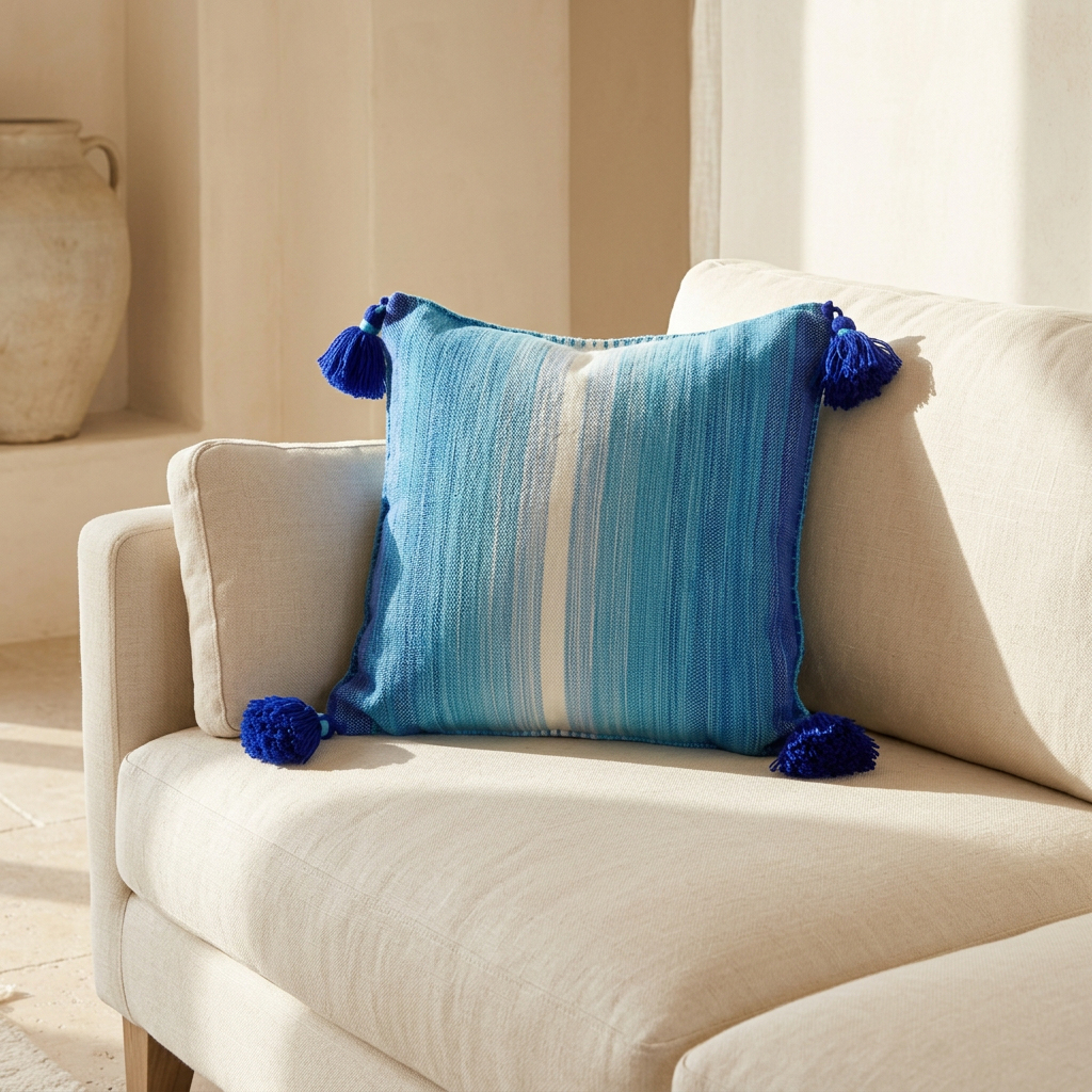 Blue Sky cushion with blue and white woven bands and dark blue corner pompoms on an ivory sofa.