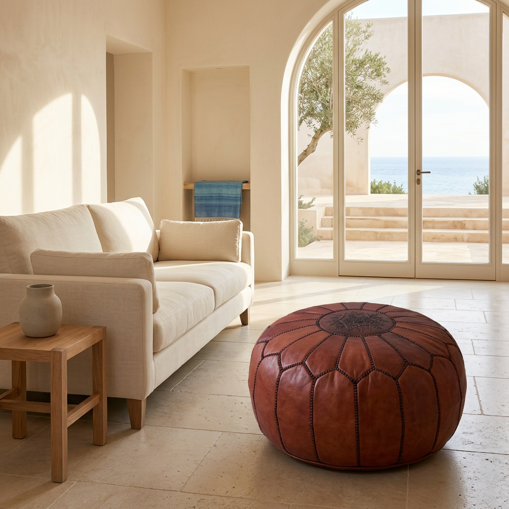 Round Cognac leather pouf with dark stitching beside an ivory sofa in a sunlit Mediterranean interior.
