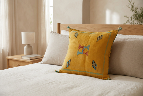 Coussin Sabra Lalla Zhor jaune doré sur un lit en lin ivoire dans une chambre lumineuse