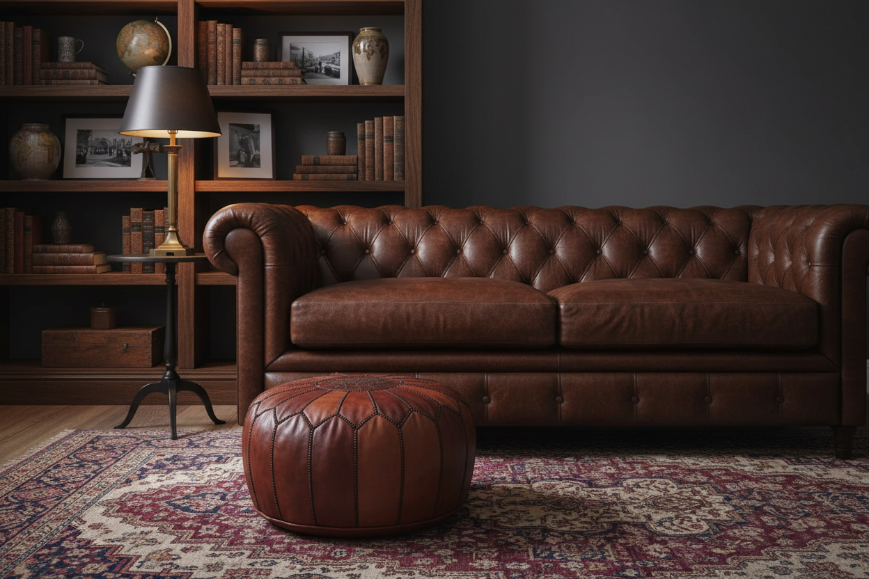 Moroccan Leather Ottoman - Cognac w/Dark Thread on