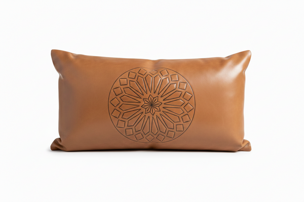Embossed Leather Pillow Cover - Lumbar - Brown Caramel - Nejma