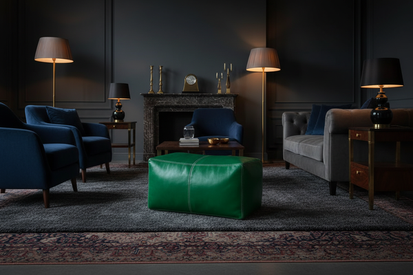Emerald Green Ottoman in Dark Luxurious Living Room