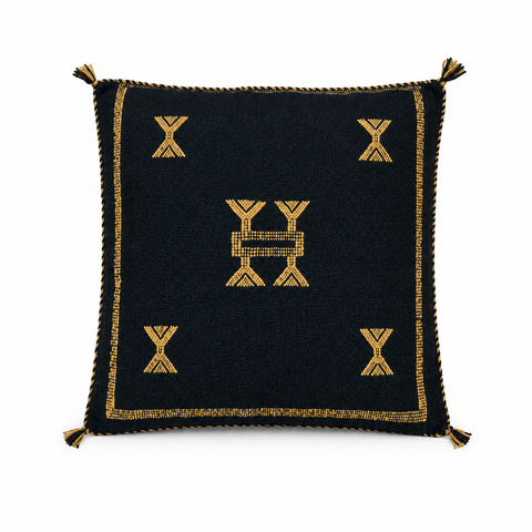 Filled Sidi Omar Black pillow with gold embroidery on a clean white background