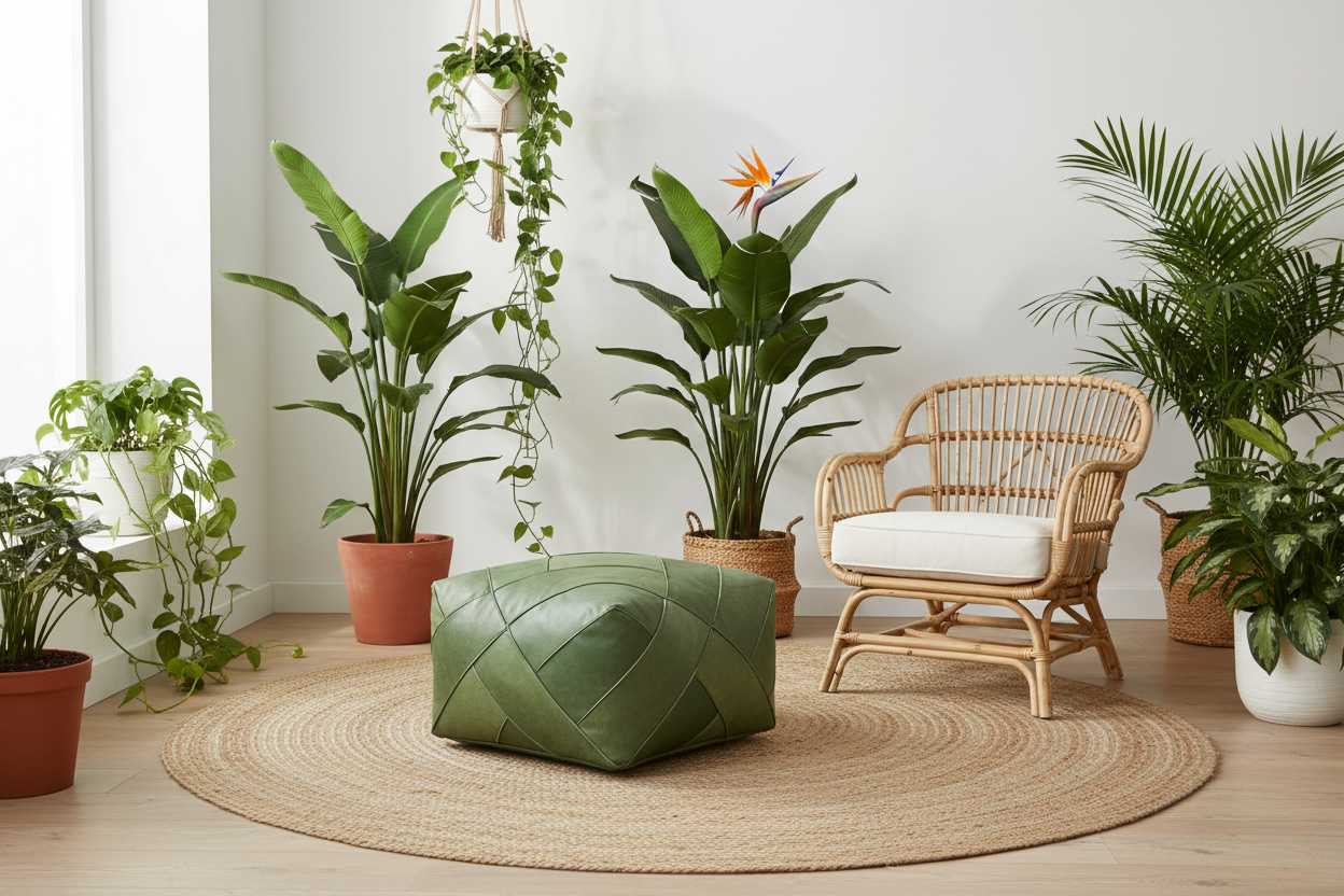 Moroccan Leather Ottoman - ZIGZAG Design - Green