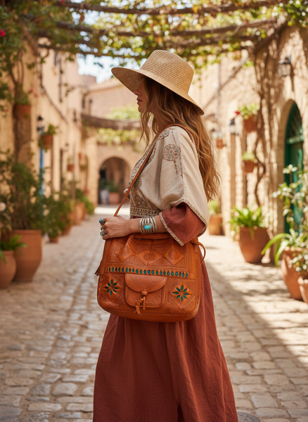 Heritage Tote - Orange with Turquoise stars with Faceless Model