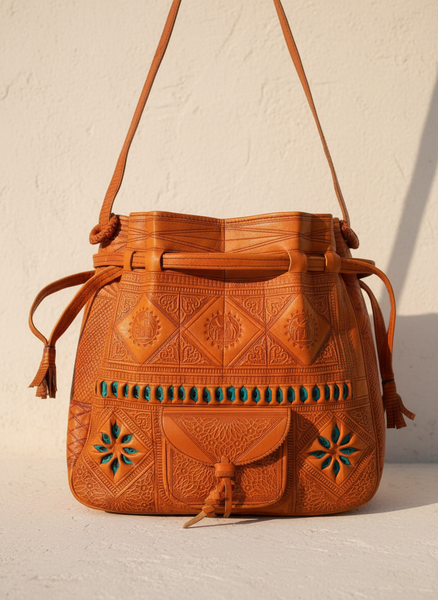 Heritage Tote - Orange with Turquoise stars