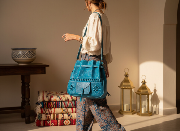 Heritage Tote - Turquoise with Faceless Model and Decor