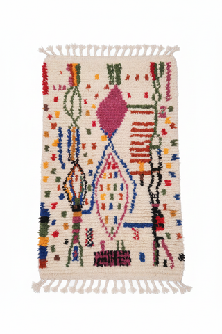 Handwoven Moroccan Azilal rug — ivory ground with multicolour expressionist motifs, 100x150cm