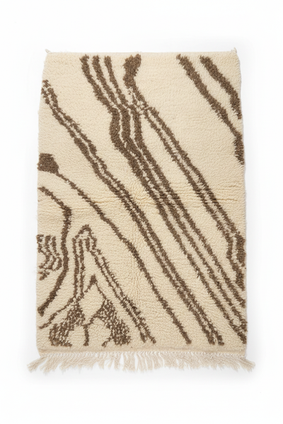 Handwoven Moroccan Azilal rug — ivory and brown abstract flowing lines, 100x150cm