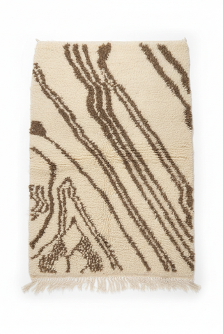 Handwoven Moroccan Azilal rug — ivory and brown abstract flowing lines, 100x150cm