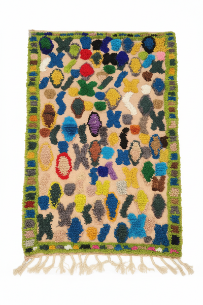 Handwoven Moroccan Boucherouite rug — multicolour abstract on beige ground with green border