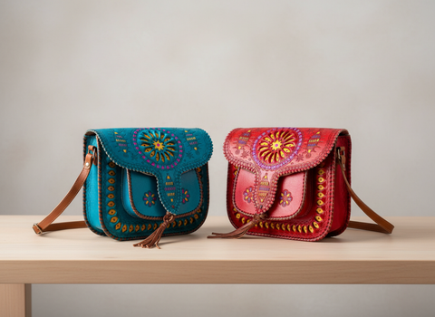 LSSAN Handbag - Red - Embroidered | Leather Shoulder Bag By LSSAN Handbag - Red - Embroidered | Leather Shoulder Bag By