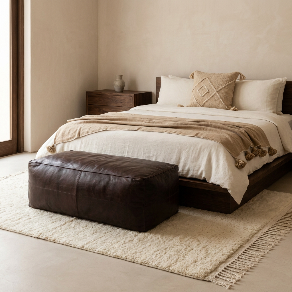 Japandi bedroom with ivory bedding, a creamy-white rug, Caramel Beige blanket, Zanafi 003 cushion and brown rectangular Nelya leather pouf.