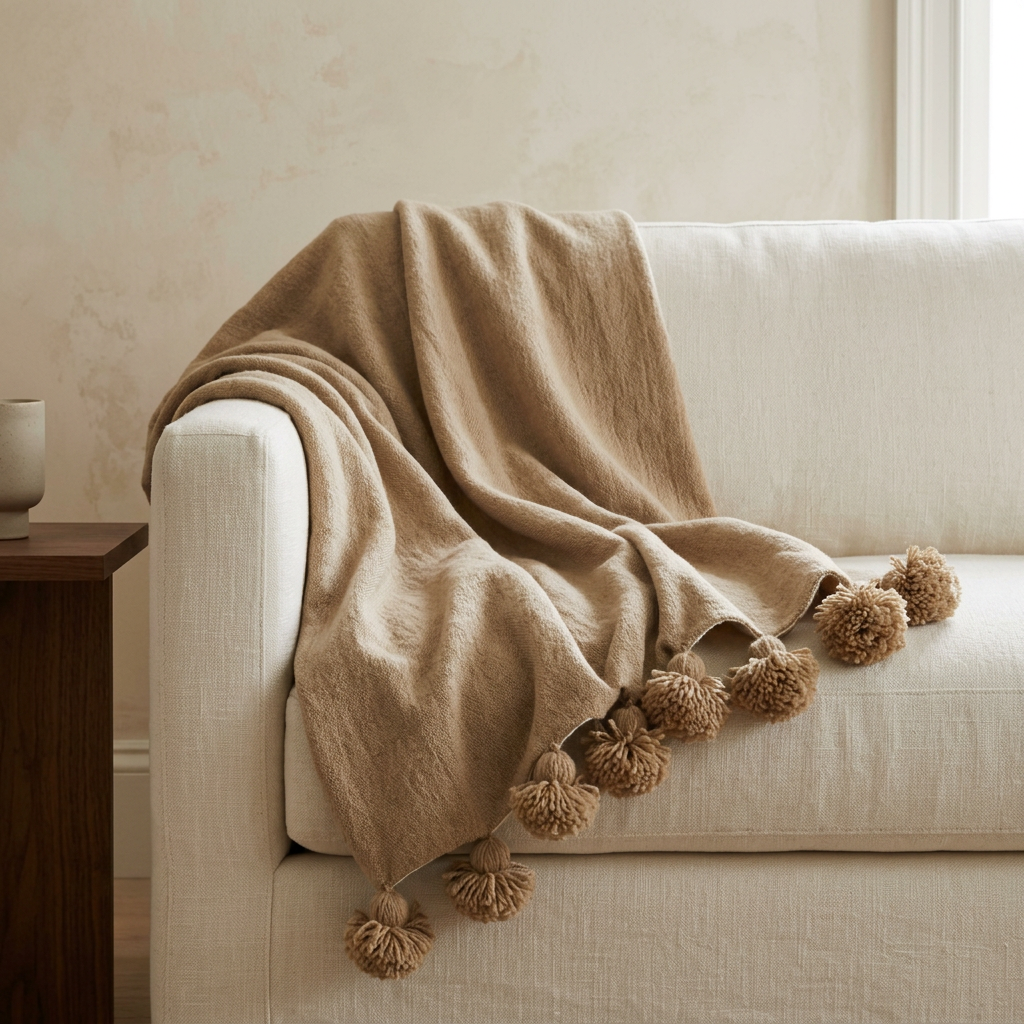 Caramel Beige pompom blanket draped over the arm of an ivory linen sofa in a warm Japandi interior.