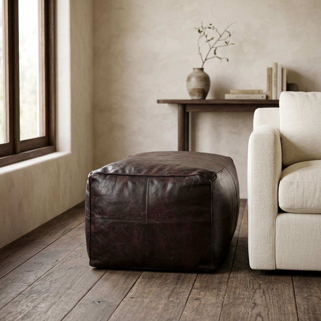 Rectangular brown Nelya leather pouf beside an ivory linen sofa in a warm Japandi interior.
