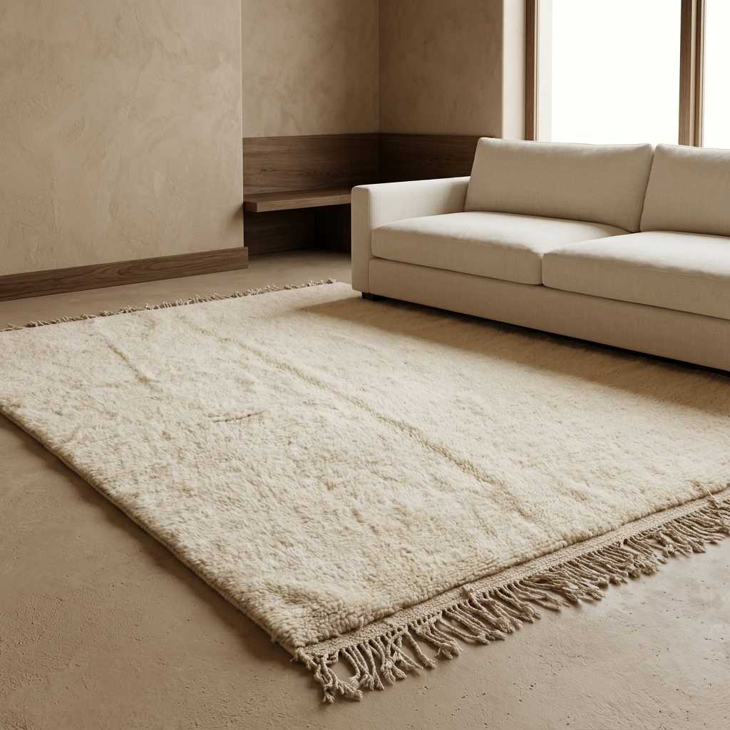 Creamy-white Beni Ourain rug beneath an ivory linen sofa in a warm Japandi interior.